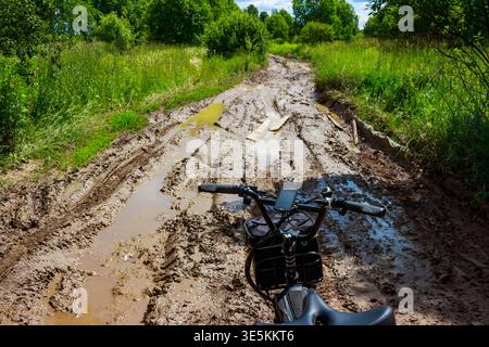 E-Bike auf einem knorrigen, schlammigen Weg, der sich in einen üppigen grünen Wald zieht. Bereit für ein raues Off-Road-Abenteuer durch die Herausforderung der Natur Stockfoto