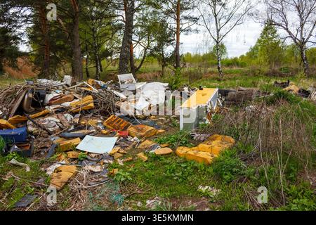 Große illegale Müllhalden ruinieren den grünen Waldrand. Alte kaputte Sachen, Hausmüll und allgemeiner Müll vermasseln die Natur und zeigen envi Stockfoto