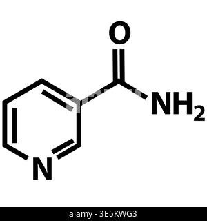 Symbol für die molekularchemische Formel des Nicotinamids. Zur chemischen Struktur des Nicotinamid-Zeichens. Chemische Struktur des Niacinamid (c6h14o6)-Symbols. Flacher STYLE. Stockfoto