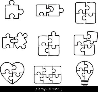 Puzzle-Symbol-Set Puzzle-Stücke Line Art-Kollektion Herzlicht Glühlampenform Verbindungslogik Team Work Solution Konzept Stock Vektor