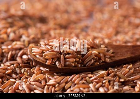 Rote Reiskörner in einem Holzlöffel, ideal für gesundes Kochen Stockfoto