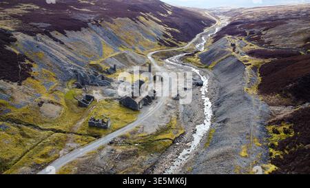 Aus der Vogelperspektive der Old Gang Lead Mine Architektur im Yorkshire Dales National Park Stockfoto