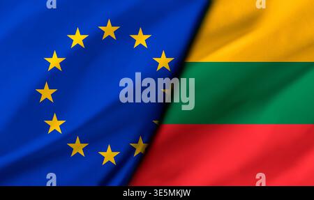 Die EU-Flagge mit gelben Sternen verschmilzt optisch mit Litauens gelbem, grünem und rotem Dreikolor, beide als weich gewellter Stoff dargestellt. Stockfoto