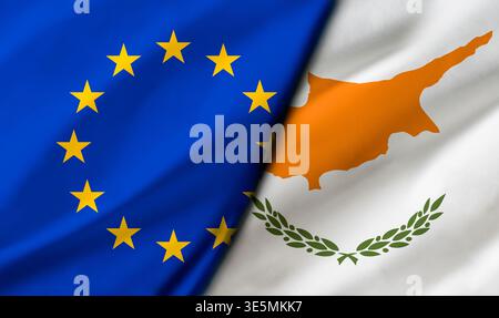 Eine diagonale Zusammensetzung verbindet die EU-Flagge mit der zyprischen Flagge, wodurch die Mitgliedschaft, die geografische Lage und die Zusammenarbeit innerhalb Europas durch die symbolische Struktur t hervorgehoben werden Stockfoto