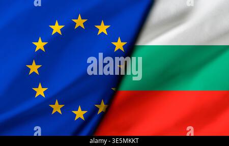 Eine diagonale Spaltung zeigt die EU-Flagge und die bulgarische Flagge, symbolisiert politische und wirtschaftliche Beziehungen, Einheit und Kontrast zwischen europäischer Identität und n Stockfoto