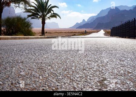 Flacher Blick auf die Asphaltwüstenstraße, die in entfernte Berge mit Palmen, Zaun und Stromleitungen in arider Landschaft führt Stockfoto