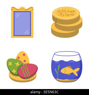 Attribute der Symbolgruppe Nowruz Ferienwohnung. Spiegel, bemalte Eier, goldene Münzen und Fischschalen-Symbole. Vektorabbildung. Stock Vektor