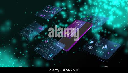 Anzeigen eines lila Smartphones mit virtueller holografischer Benutzeroberfläche und Diagrammen Stockfoto