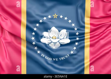 Mississippi-Staatsflagge mit Magnolienblume, Sternen und dem Motto „Gott Wir vertrauen“. 3D-Rendering Stockfoto