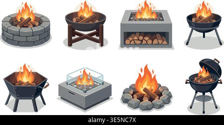 Feuerlöcher Icons Set – Outdoor Kamin Flat Vector Collection Stock Vektor