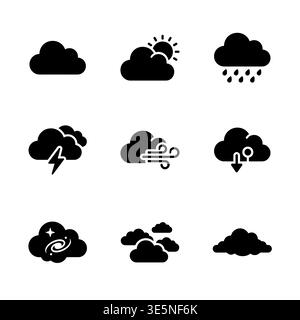 Wetterbedingungen Glyphe Symbole gesetzt, Wolke formt feste Symbole Stock Vektor