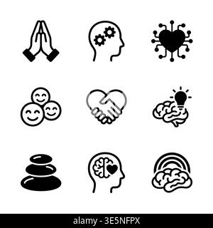 Satz von schwarzen und weißen Linien Symbole der psychischen Gesundheit Stock Vektor
