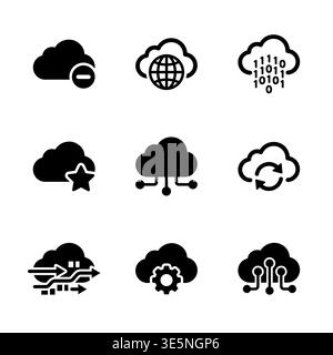 Satz von schwarzen Cloud Computing-Vektorsymbolen auf weißem Hintergrund Stock Vektor