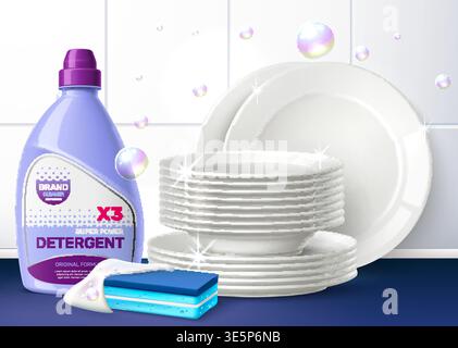 Realistischer Stapel sauberer, glänzender Platten. Spülreiniger. Plastikflasche mit Reinigungsmittel und Schaumschwamm. Reinigungsseife. Reinigungsprodukt Stock Vektor