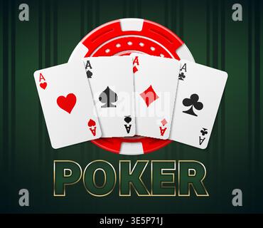 Realistische Casino-Werbevorlage mit Poker-Karten und Chips. Jackpot-Token wetten. Spielspaß. Blackjack gewinnt. Glücksspiel. Roulette Stock Vektor