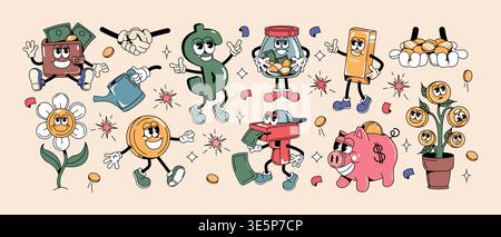 Cartoon-Retro-groovige Geldfiguren. Sticker-Set mit lustiger Schweinebank, Geldbörse, Dollarsymbol, goldener Bar, Glasgefäß-Geldschachtel mit Münzen. Finanzanlage mit flippigen Gesichtern. Sparungs- oder Investitionskonzept Stock Vektor