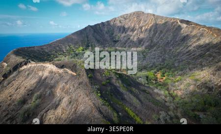 Aus der Vogelperspektive des Vulkans Koko Head, dessen Hänge ein Wandteppich aus verbrannter Erde auf üppiges Grün im Krater treffen, Honolulu, Hawaii, USA Stockfoto