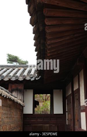 Nahaufnahme von freiliegenden dunklen Holzsparren und Dachvorsprüngen mit Ziegeldach im traditionellen koreanischen Palastgebäude, Changdeokgung Palace, Seoul, Südkorea Stockfoto