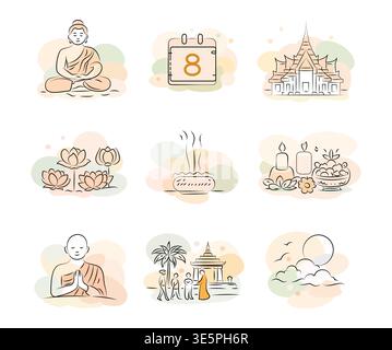 Visakha Bucha Day minimalistische Linien-Kunst-Ikonen in Pastelltönen Kollektion, Handzeichnung isolierter Hintergrund Stock Vektor