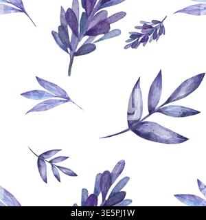 Nahtloses Aquarellmuster mit violetten Lavendelzweigen und violetten botanischen Blättern, perfekt für elegante handgezeichnete Textilien, Hochzeitseinladungen und florale Tapeten. Weißer Hintergrund Stockfoto