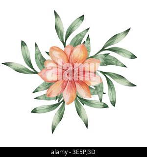Handgezeichnetes Aquarellstrauß mit zentraler Pfirsichblüte, umgeben von zarten grünen Blättern, perfekt für Frühlingseinladungen und botanische Clipart-Designs. Isoliert auf weißem Hintergrund Stockfoto