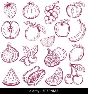Handgezeichnete Illustration verschiedener Früchte, darunter Erdbeeren, Trauben, Pfirsiche, Bananen und Zitrusfrüchte, die in einem dekorativen Muster auf einem weiß angeordnet sind Stock Vektor