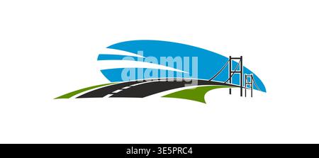 Brückenvektor-Symbol mit schwarzer Brücke gegen blauem Himmel, Asphaltstraße und grünem Gras. Abstraktes Symbol symbolisiert Verbindung und Fortschritt, für Bauunternehmen, städtebauliche Projekte Stock Vektor