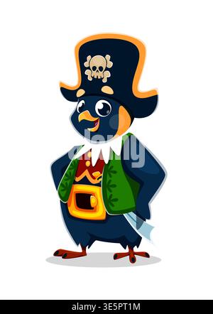 Zeichentrickpinguin Tier Piraten Crew Charakter. Isolierte Vektor-Korsair-Filibuster-Persönlichkeit mit Weste, Kapitän-Hahn und glänzendem Cutlass in einem goldenen Gürtel, bereit für Abenteuer Stock Vektor