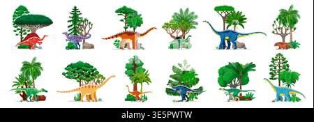 Comic lustige prähistorische Dinosaurier-Charaktere, jurassische Echsen und Reptilien, Vektor-Set. Dino-Arten aus prähistorischer Zeit im Dschungelwald für Kinder Dino atlas oder Paläontologie-Tierenzyklopädie Stock Vektor