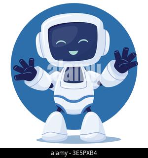 Eine niedliche android-Zeichentrickfigur mit einem Bildschirm für ein Gesicht. Der Roboter ist glücklich und winkt mit den Armen Stock Vektor