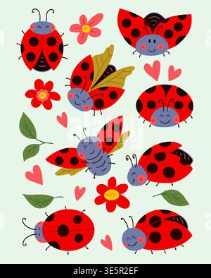 Ein Set von Cartoon-Marienkäfern in verschiedenen Posen mit Blumen, Blättern und Herzen. Diese leuchtend roten und schwarzen Insekten mit lächelnden Gesichtern sind perfekt für Chi Stock Vektor