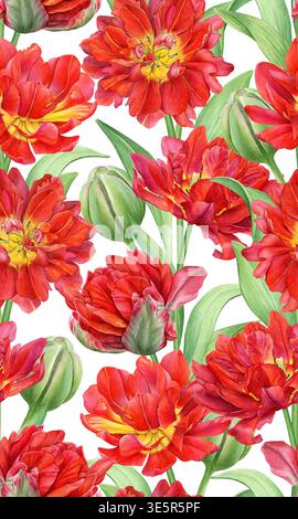 Nahtloses Aquarellmuster von roten Tulpen mit grünen Blättern und Knospen. Frühlingsblumen. Perfekt für Textilien, Geschenkpapier, Verpackungen, Tapeten Stockfoto