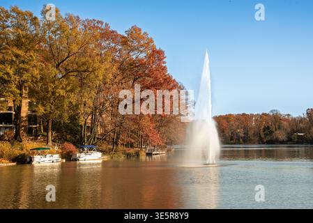 Bunte Herbstbäume spiegeln sich in einem ruhigen Teich in Reston, Virginia, USA. Lebendiges Herbstlaub erzeugt spiegelähnliche Reflexionen auf stillem Wasser in einem tran Stockfoto