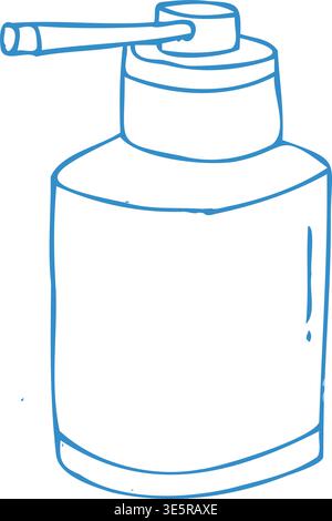 Spray Kehle Flasche Doodle Symbol für Mundmedizin und kosmetische Produkt Design. Blaue Umrissvektorgrafik für Dispenser oder Reinigungslösung. Stock Vektor