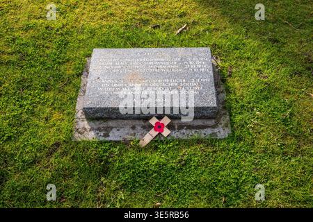 Nahaufnahme einer Granittafel mit den Namen der 1914 gefallenen Soldaten und einem kleinen hölzernen Mohnkreuz. Der flache Marker sitzt auf dem Gras bei Langemark Ceme Stockfoto