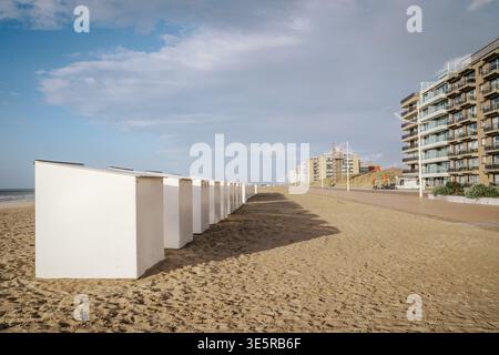 Reihe weißer Strandhütten am Strand Koksijde, Belgien. Moderne Apartmentgebäude säumen die Promenade mit Blick auf den goldenen Sand unter dem Winterhimmel. Ruhig, Stockfoto
