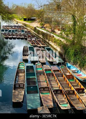 Massed Punts on the River Cherwell - eine ruhige Szene an der Magdalen Bridge, Oxford, England. Dies ist ein berühmter Ort für Klettern und Bootstouren während der Sommermonate. Aber es ist noch Frühling, also ist das noch ein paar Monate entfernt. Aber die Touristen kommen... Und natürlich ein paar Studenten. Stockfoto