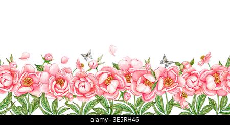Nahtloser Blumenrand in Aquarellfarben mit Pfingstrosen und Grün. Illustrationsmuster Stockfoto