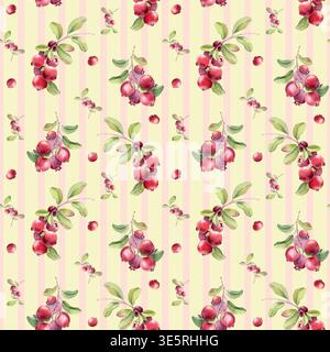 Sommerdruck mit roten Beeren auf gelb-rosa gestreiftem Hintergrund. Handgezeichnete Waldbeere für Textil- oder Papierdesign. Aquarellfarben Preiselbeere und Stockfoto