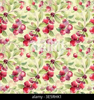 Botanisches nahtloses Muster mit frischem Laub und hellen Beeren auf Grün. Preiselbeeraquarell handbemalt. Preiselbeere an Ästen wiederholen Stockfoto
