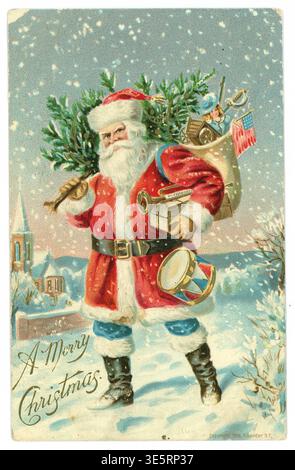 Viktorianische Weihnachtskarte aus den 1900er Jahren traditioneller Weihnachtsmann aus den 1900er Jahren, Weihnachtsbaum, altmodisches Kinderspielzeug Geschenke aus dem Jahr 1907 USA Stockfoto
