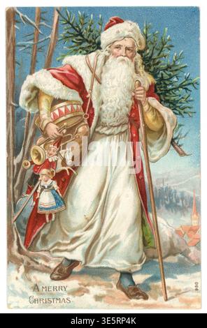 Viktorianische Weihnachtskarte aus den 1900er Jahren traditioneller Weihnachtsmann aus den 1900er Jahren, Weihnachtsbaum, altmodisches Kinderspielzeug präsentiert ca. 1907 UK Stockfoto