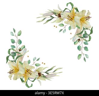 Weiße Lilien. Eckstrauß aus zarten Pastellblüten mit grünen Blättern. Handgezeichnete Aquarellillustration, isoliert. Für Hochzeitseinladungen Stockfoto