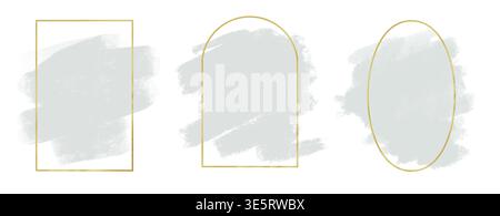 Hintergrund mit Pinselstrich und goldene Rahmen. Eine Reihe von grauen Punkten und geometrischen Formen. Handgezeichnete Illustration isoliert auf weiß. Wird als Abstract verwendet Stockfoto
