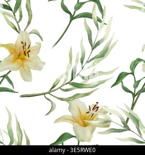 Weiße Lilien und grüne Palmblätter nahtloses Muster. Handgezeichnete Aquarellillustration von zarten Pastellblumen, die Reinheit und Unschuld symbolisieren Stockfoto