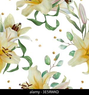 Weiße Lilienbänke mit nahtlosem Muster. Handgezeichnete Aquarellillustration von zarten Pastellblumen, die Reinheit und Unschuld symbolisieren. Geeignet für Stockfoto