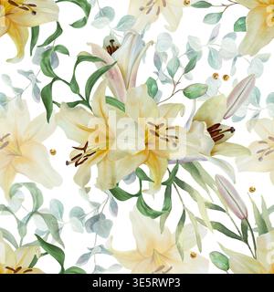 Weiße Lilien und grüne Blätter nahtloses Muster. Handgezeichnete Aquarellillustration von zarten Pastellblumen, die Reinheit und Unschuld symbolisieren Stockfoto