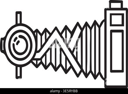 Eine schwarz-weiße Strichgrafik-Illustration einer Vintage-Balgkamera mit ihrer markanten Akkordeonähnlichen Verlängerung und Linse, von der Seite aus gesehen Stock Vektor