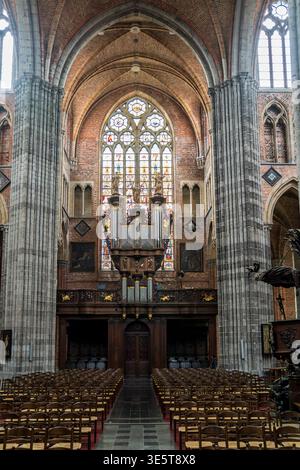 Majestätische gotische Innenausstattung der St. Walburga Kirche in Veurne. Das Foto zeigt die imposante hölzerne Pfeifenorgel, das hohe Schiff mit gegliederten Säulen, Brick Stockfoto