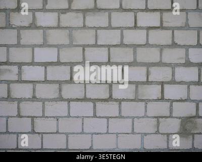 Nahaufnahme einer weißen Ziegelwand im Bau oder bei Renovierung, Übergang zwischen rohen Mauerwerksblöcken und einem hellblau verputzten Abschnitt, sichtbarer Mo Stockfoto